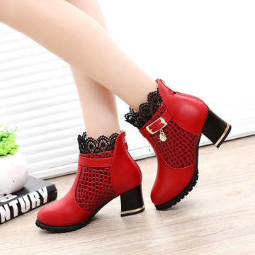 Round Toe Lace Cut Out Crystal Low Chunky Heel Short Thick Boots