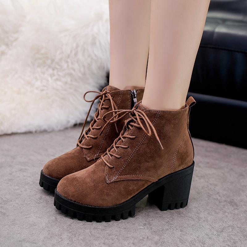 Solid Color Round Toe Lace Up Platform Middle Block Heel Ankle Martin Boots