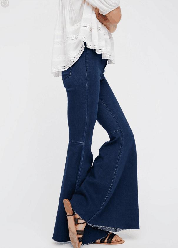 High Waist Pure Color Slim Zipper Big Bell-bottomed Long Jeans Denim Pants