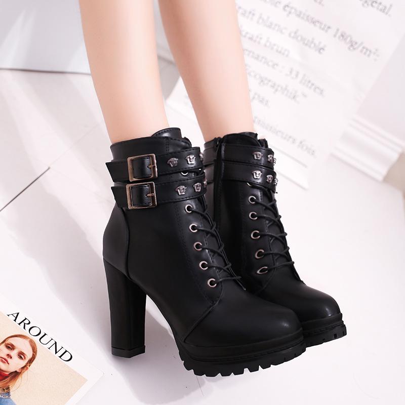 Rivets Hasp Straps Platform Lace Up High Chunky Heel Ankle Martin Boots