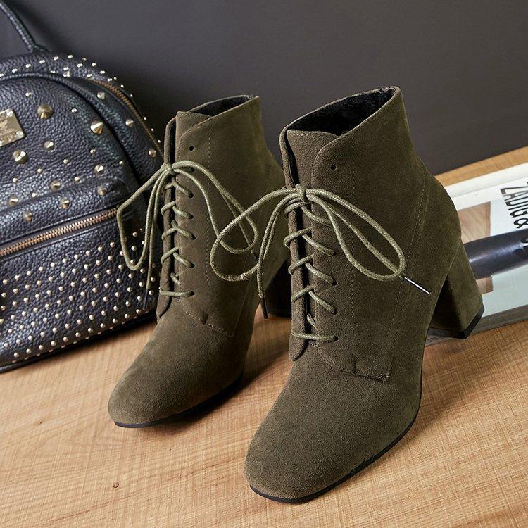 Square Toe Lace Up Middle Chunky Heel Short Martin Boots