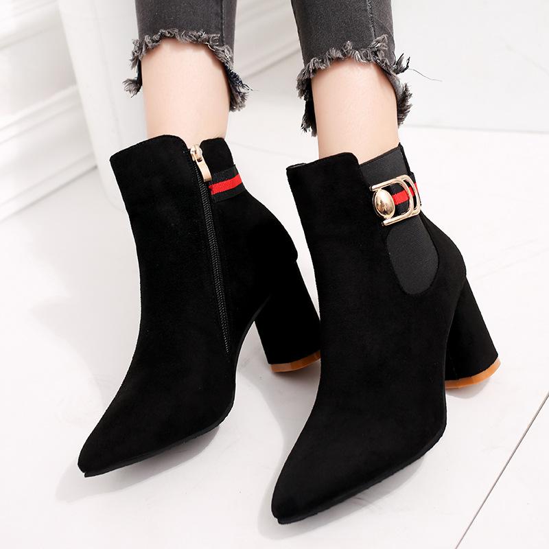 Scrub Pure color Side Zipper Chunky Heel Pointed Toe High Heels Ankle Boots