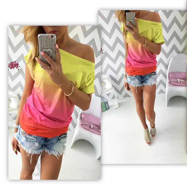 Gradually Changing Color Short Sleeves Scoop Casual T-shirt - OhYoursFashion - 2