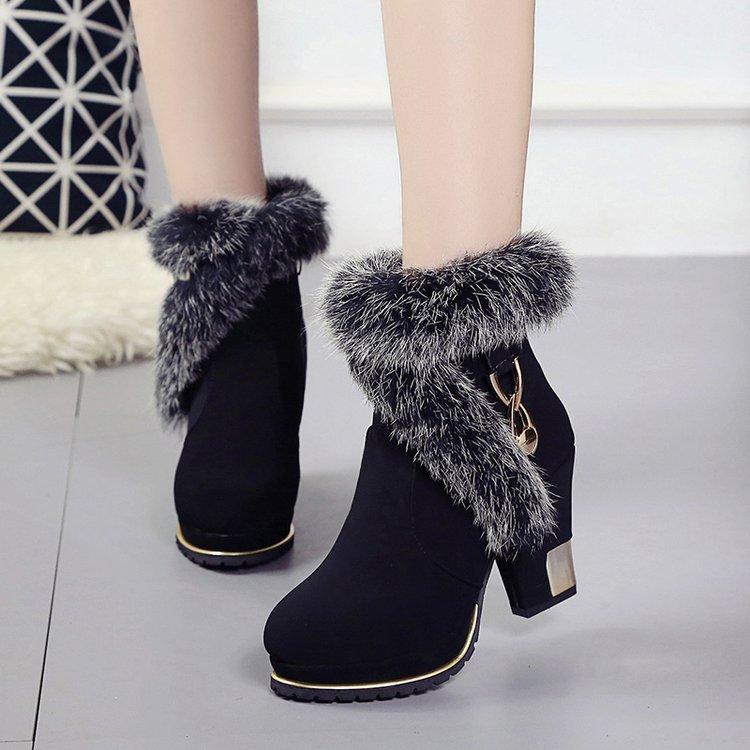Pointed Toe Fur Decoration Middle Chunky Heel Short Boots