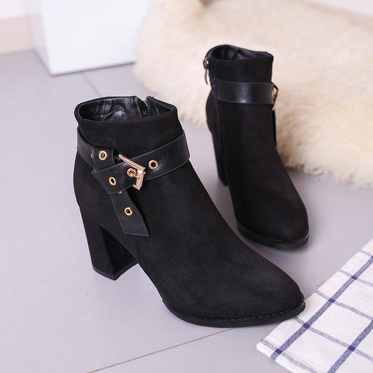 Hasp Rivets Pointed Toe Middle High Chunky Heel Short Martin Boots