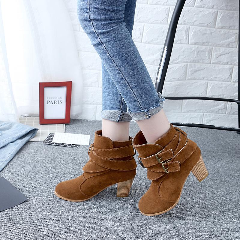 Belt Buckle Suede Chunky Heel Round Toe Ankle Boots