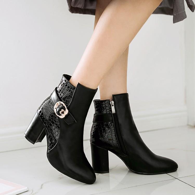 Pointed Toe Patchwork Hasp Middle Chunky Heels Short Boots