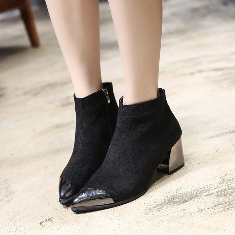 Patchwork Zipper Pointed Toe Suede Low Chunky Heel Short Boots