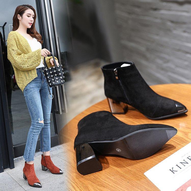 Patchwork Zipper Pointed Toe Suede Low Chunky Heel Short Boots