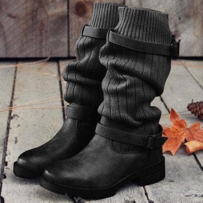 Knitted Mid Calf Buckled Sweet Boots