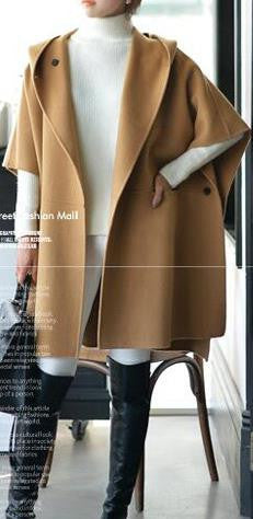 Hooded Lapel Bat-wing Sleeves Mid-length Woolen Coat - Oh Yours Fashion - 1