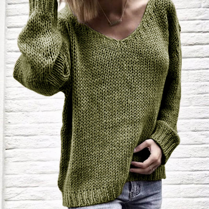V-Neck Knit Loose Pullover Chunky Sweater