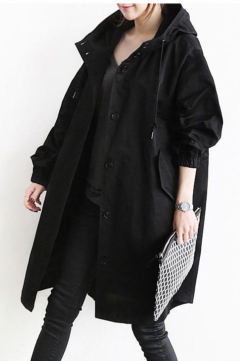 Solid Color Button Loose Long Hooded Coat