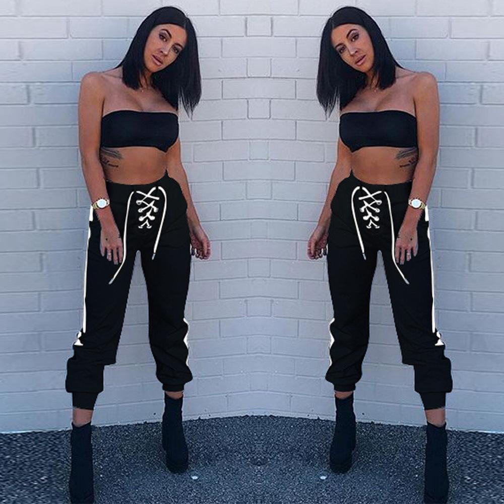 Straps Lace Up Patchwork High Waist Slim Casual Pants