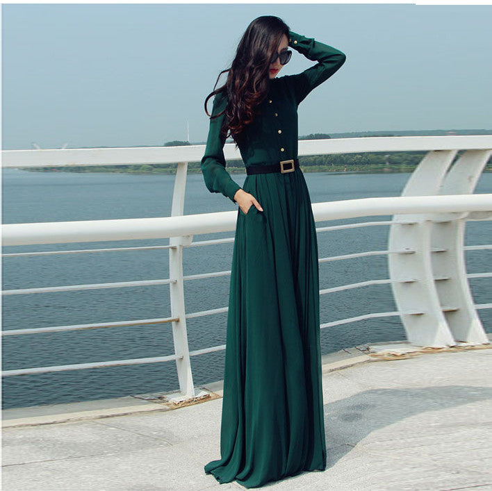 Long Sleeves Chiffon Button Decorate Pleat Long Maxi Dress - O Yours Fashion - 4