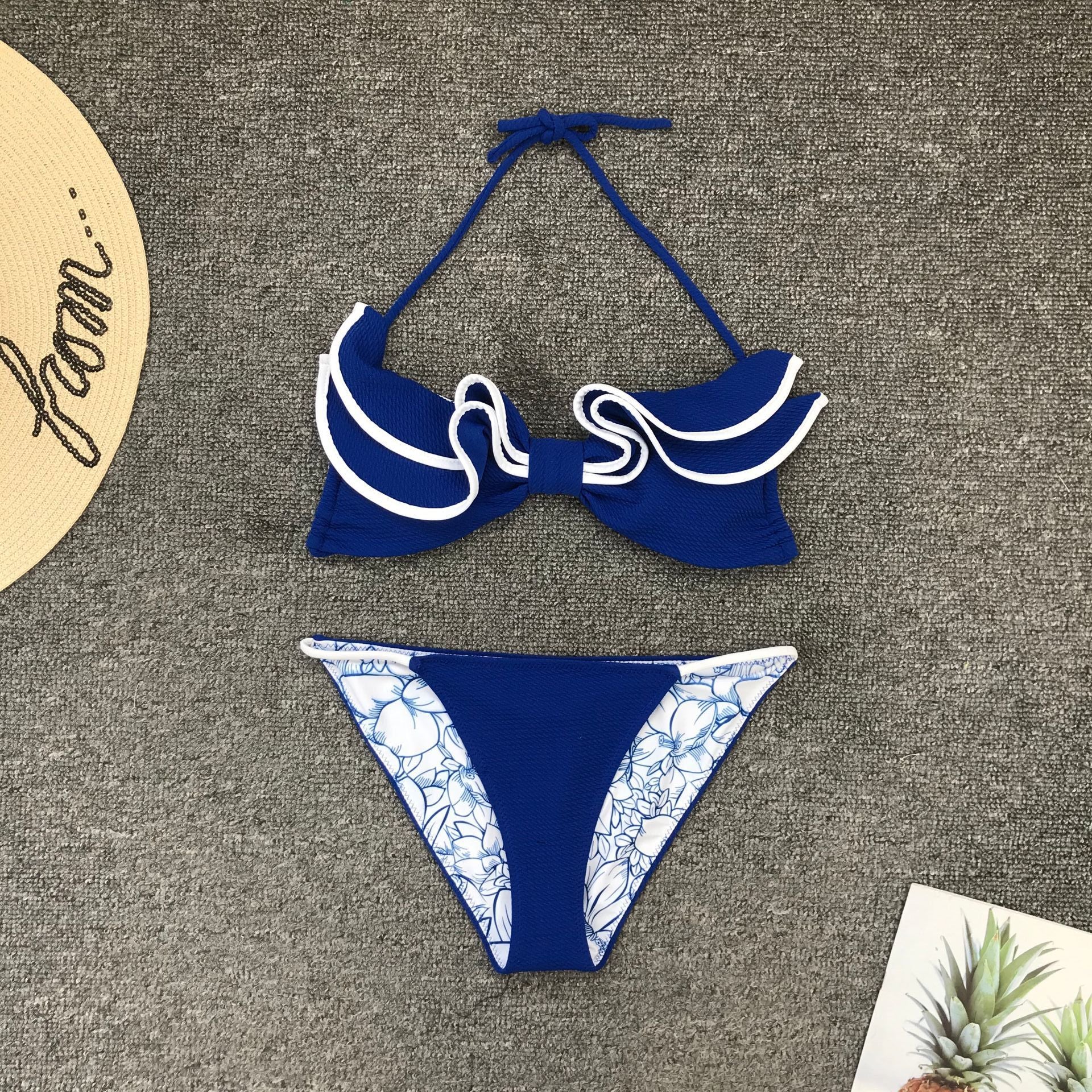 Blue Halter Strappy Ruffle Thong Bottom Bikinis