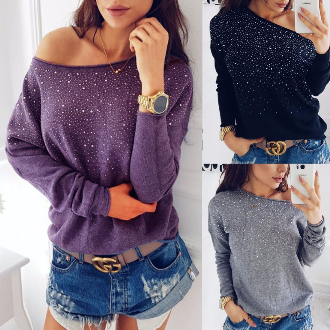 Shinning Beads One Shoulder Long Sleeves T-shirt