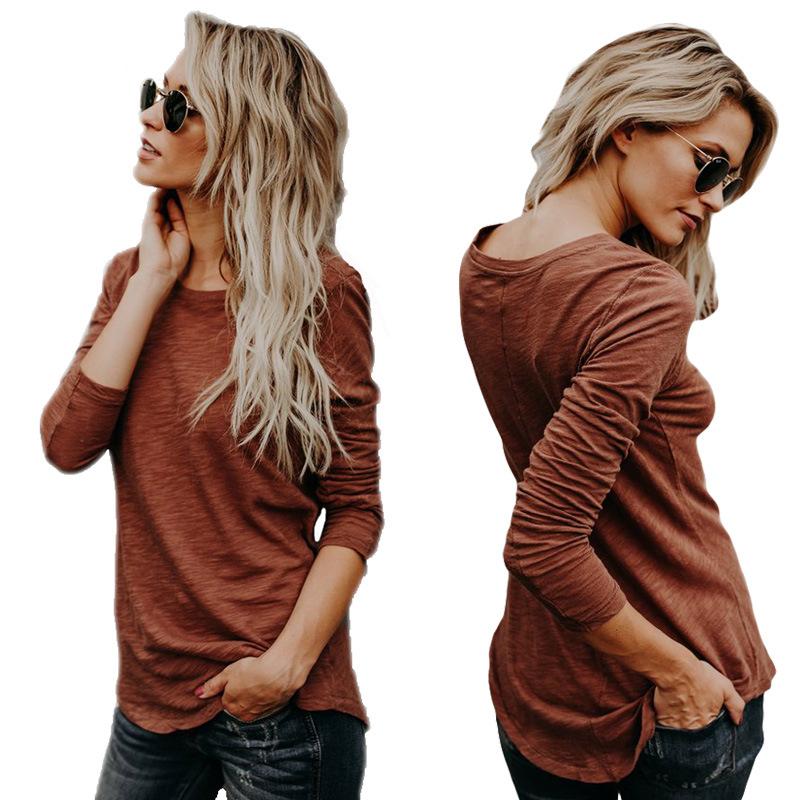Slim Scoop Pure Color Long Sleeves Cotton T-shirt