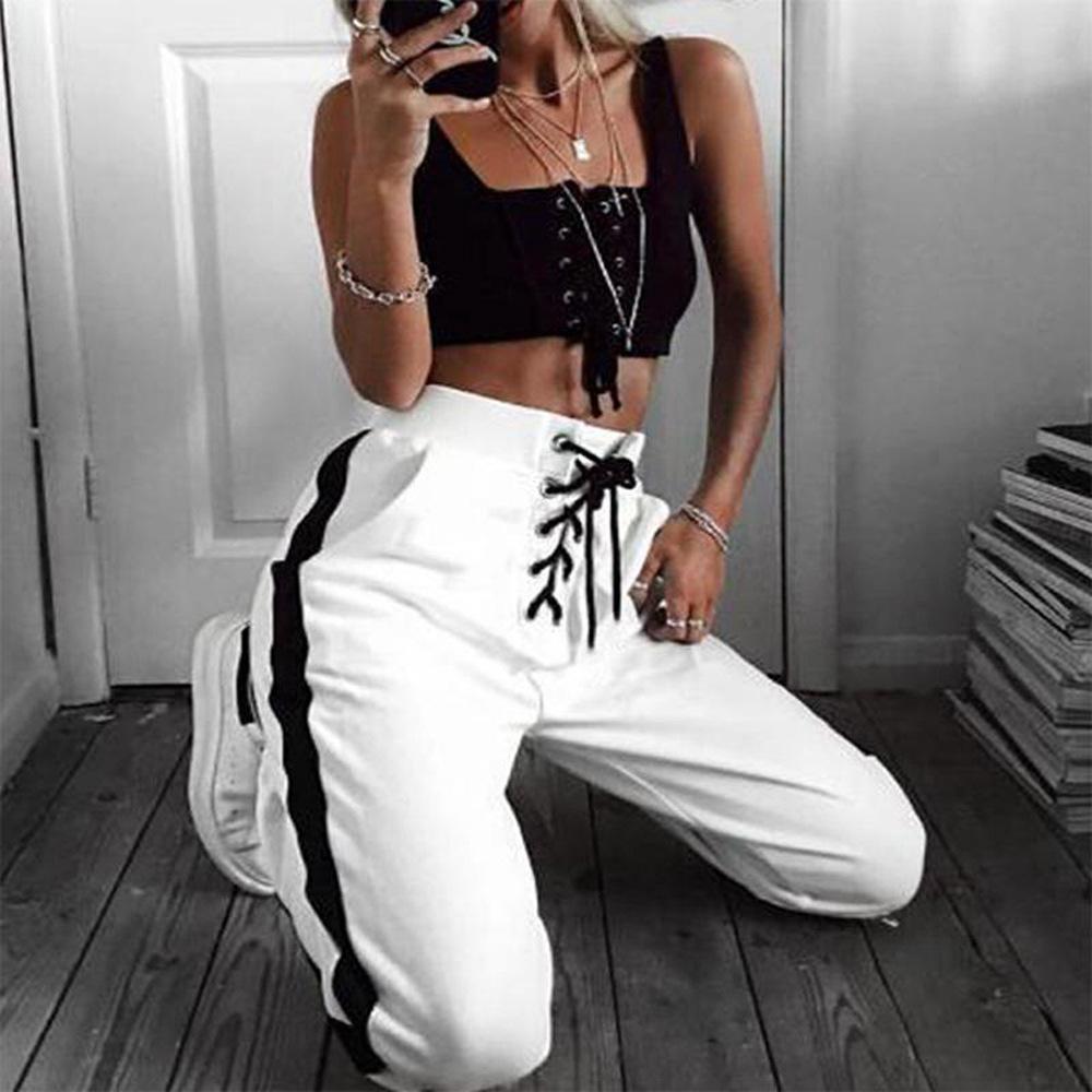 Straps Lace Up Patchwork High Waist Slim Casual Pants