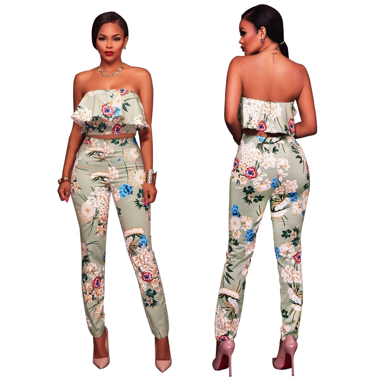 Strapless Ruffles Print Crop Top with High Waist Skinny Long Pants Two Pieces Set