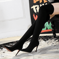 Black Lycra Point Toe Stretch High Heel Over Knee Boots
