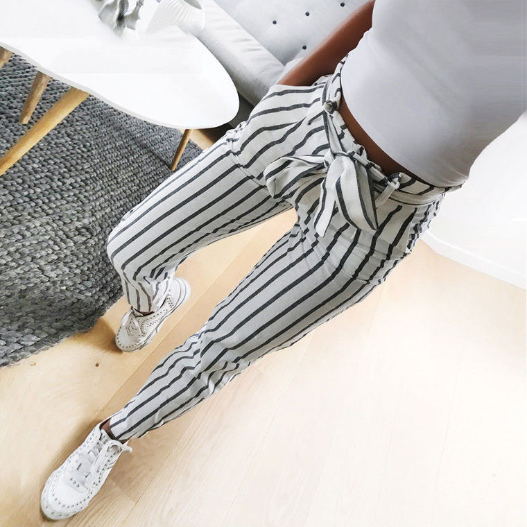 Striped Slim Strap Belt Long Skinny Casual Pants
