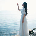 Princess A-line Bowknot Half Sleeves Ruffles Long White Dress - OhYoursFashion - 5