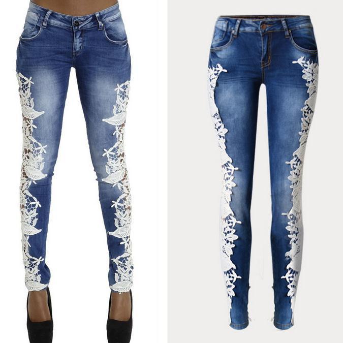 Lace Patchwork Hollow Skinny Straight High Waist Jeans - OhYoursFashion - 2