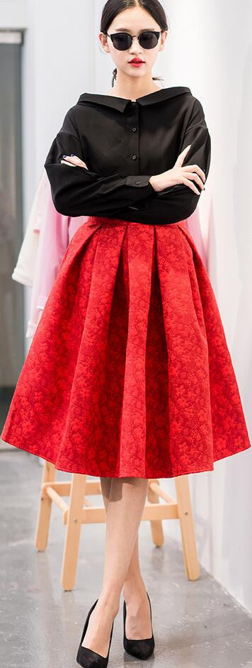High Waist 3D Subtle Print Pleated Flared Full Skirt - Oh Yours Fashion - 1