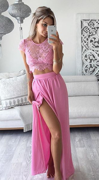 Three Pieces Lace Crop Top Slit Long Skirt Dress Set - Oh Yours Fashion - 2