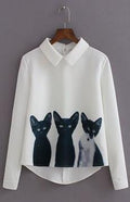 Three Cats Flower Print Turn-down Collar Pullover Blouse - Oh Yours Fashion - 2