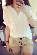 V-neck Short Sleeves Casual Plus Size Pure Color Blouse - OhYoursFashion - 1