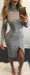 Sexy Knit High Neck Long Sleeve Bodycon Knee-length Belt Dress - Oh Yours Fashion - 2