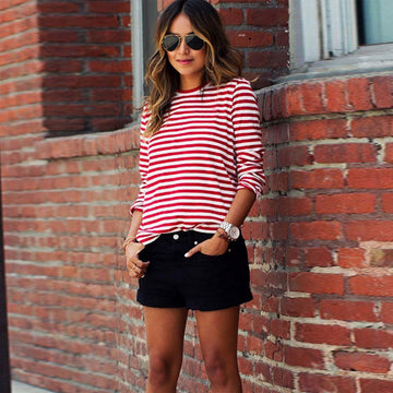 Red White Stripe Scoop Long Sleeve Loose T-shirt - Oh Yours Fashion - 1