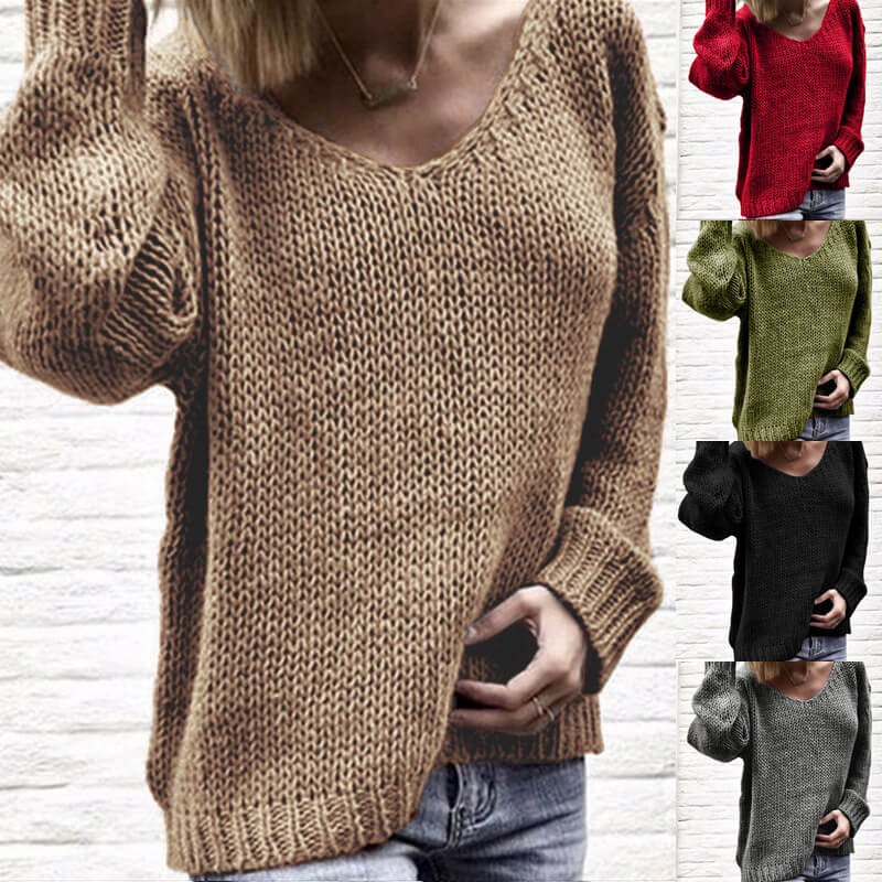 V-Neck Knit Loose Pullover Chunky Sweater