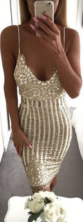 Sequins Spaghetti Strap Stripe Bodycon Knee-Length Dress - Oh Yours Fashion - 2