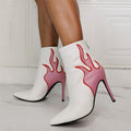 White PU Point Toe Fire Print High Heel Boots