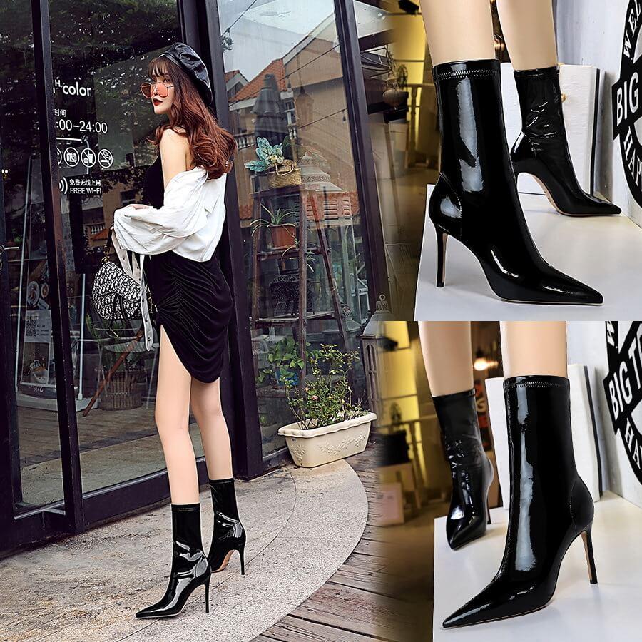 Black Patent Leather Point Toe High Heel Calf Boots