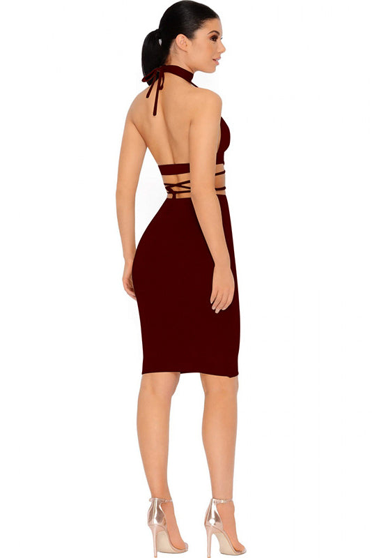 Spaghetti Straps V-neck Crop Top with Knee-length Skirt Two Pieces Set