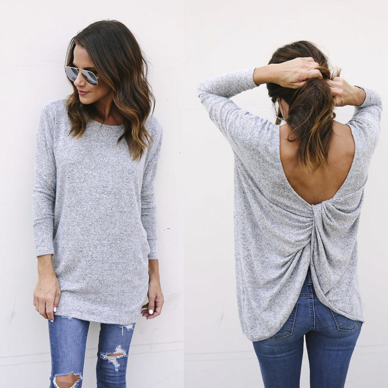 Pure Color Backless Long Sleeves Scoop Long Sweater