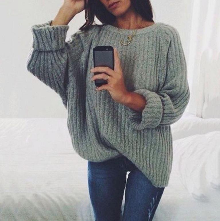 Pure Color Long Sleeves Scoop Regular Loose Sweater