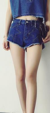 Star Patchwork Loose Rough Edges High Waist Denim Shorts - Oh Yours Fashion - 1