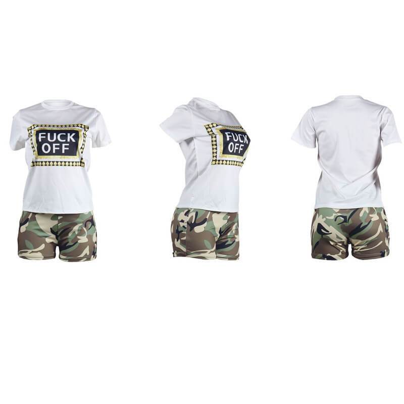 Sexy Camouflage Bodycon Short Sleeve Slim Pants Sets