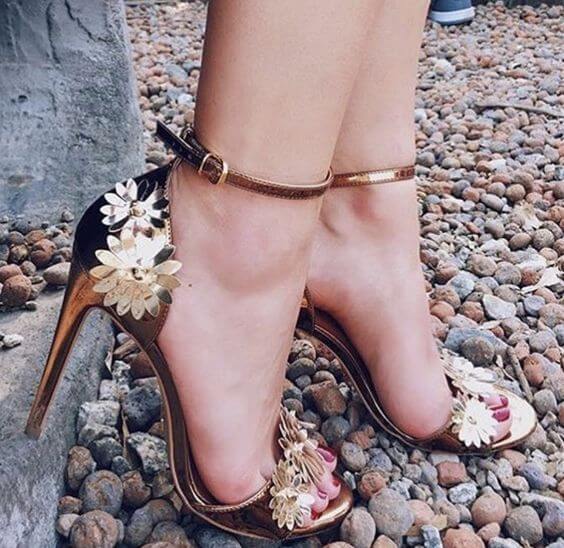 Metallic Flower Ankle Strap High Heel Sandal