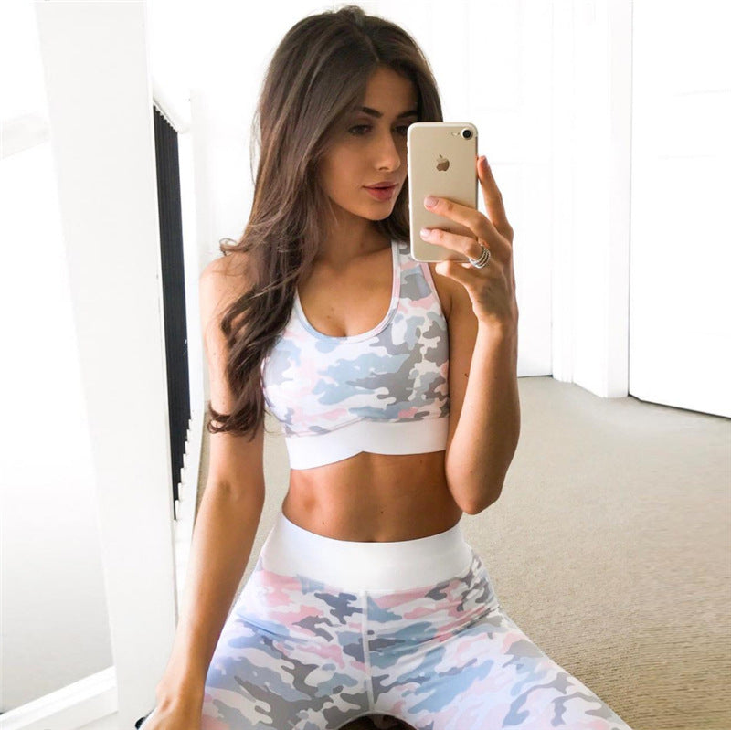 Print Crop Top with Patchwork High Waist Long Leggings Two Pieces Yoga Sports Set