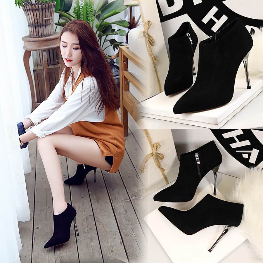 Winter Suede Point Toe Zipper High Heel Ankle Boots