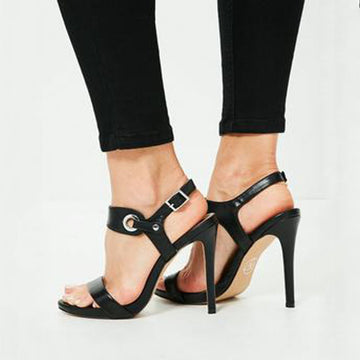 Causal Black Leather Buckle Open Toe High Heel Sandals