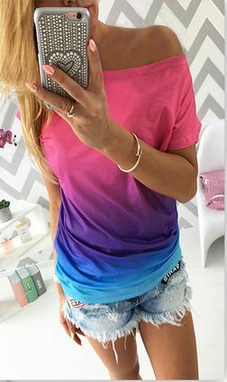 Gradually Changing Color Short Sleeves Scoop Casual T-shirt - OhYoursFashion - 1