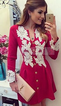 Lace Flower Button O-neck Long Sleeve Short Dress - Oh Yours Fashion - 2