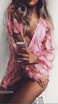 Pink Feather Patchwork Deep V-neck See-through Short Jumpsuit - Oh Yours Fashion - 1